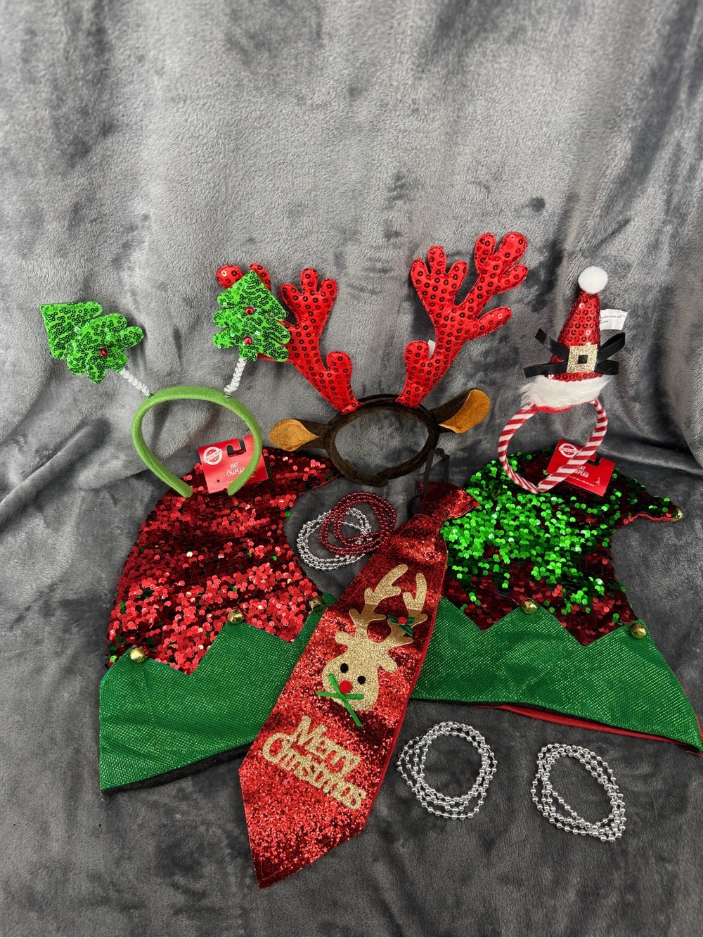 Lot of Christmas Accessories Antlers, Hat, Tree Headband, Reindeer Tie, Necklace